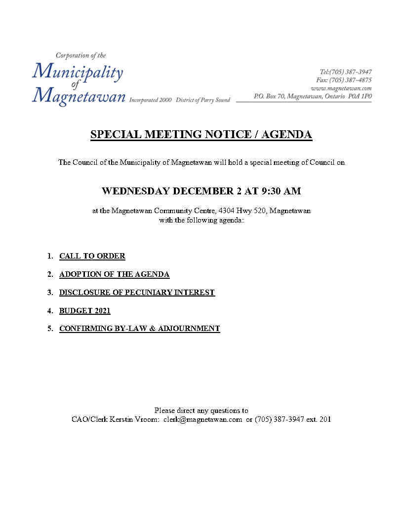 Special Meeting Notice Agenda Municipality Of Magnetawan