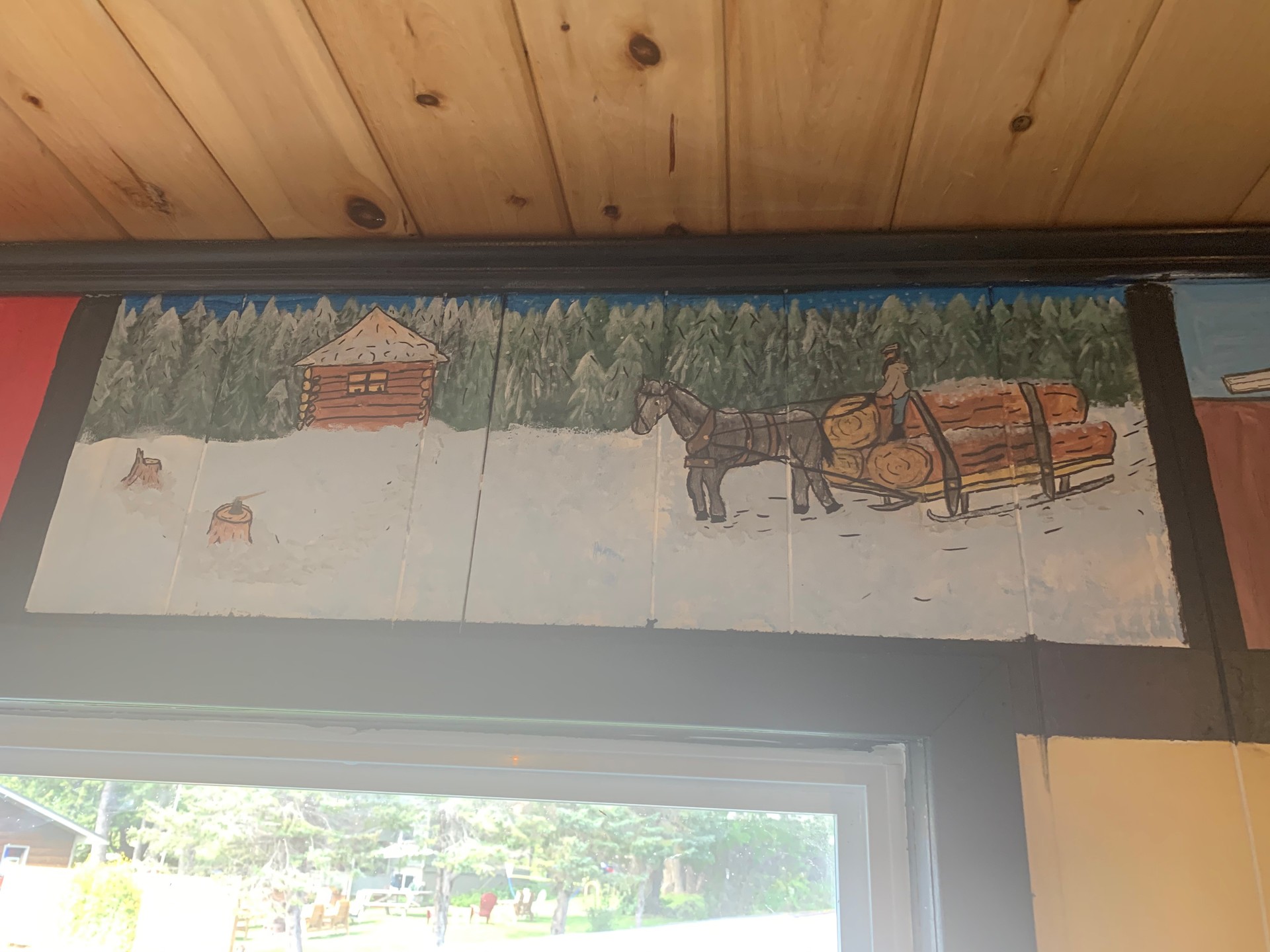 a winter scene painting with a horse hauling logs